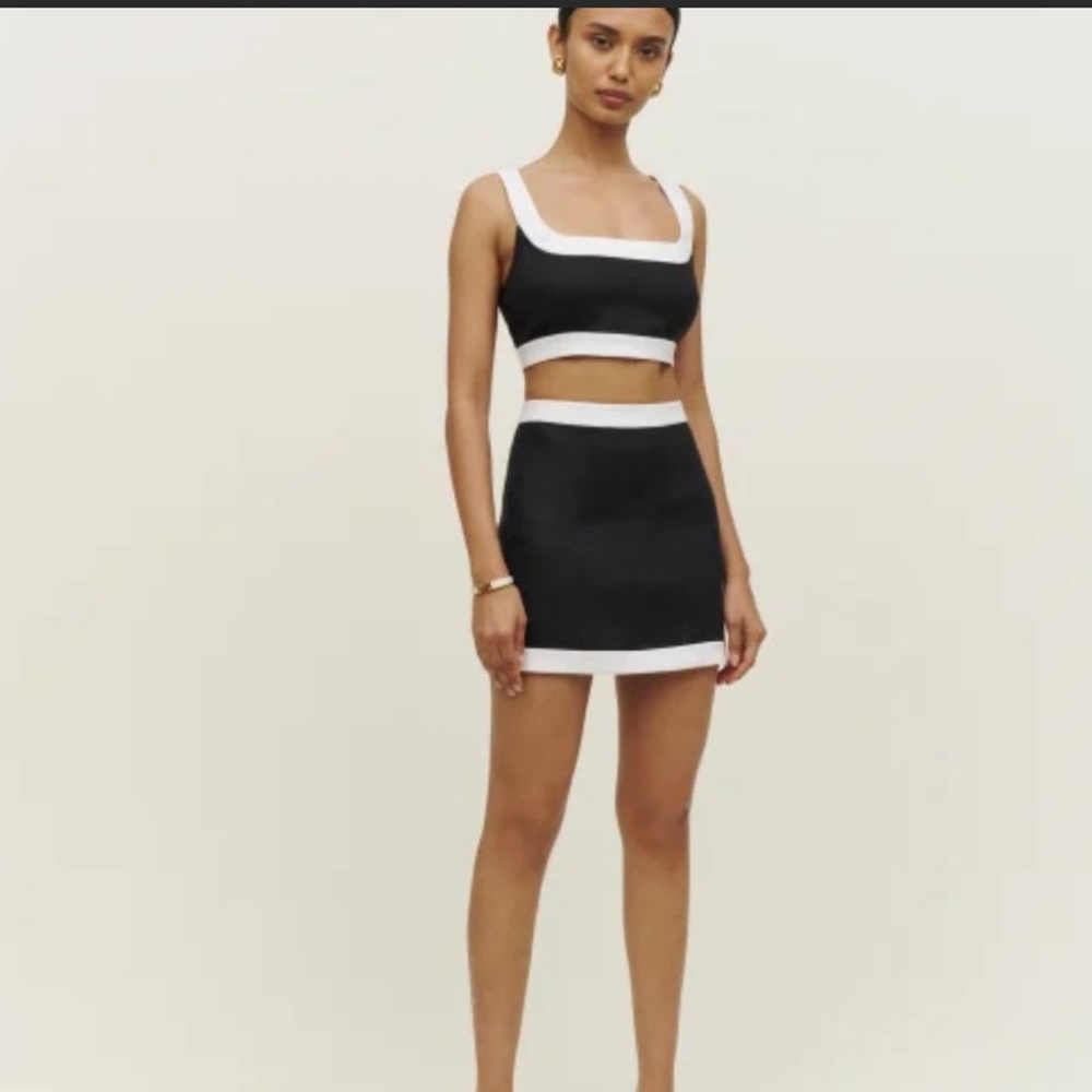 Reformation Robbie Linen Two Piece in Black White Sleeveless Top Skirt Set